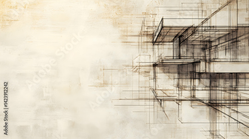 Architectural Blueprint Drawing Sketch of Modern Building Design on Beige Textured Background