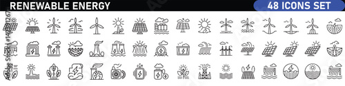 Renewable Energy Line black Icon Set. A dynamic collection of icons showcasing sustainable energy solutions, perfect for environmental projects, educational materials, and green technology