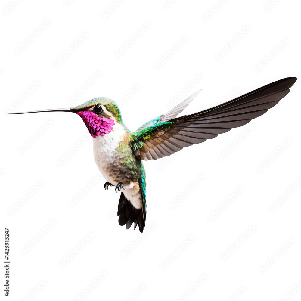 Fototapeta premium Hummingbird flying with wings spread. Bird has pink, green, and white feathers. Image is transparent png, isolated.