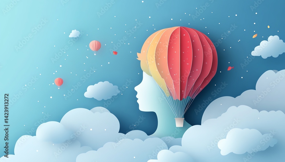 Obraz premium Children s education and imagination concept, paper cut boy head with colorful hot air balloon in the sky, realistic 3D style, serene sky scene