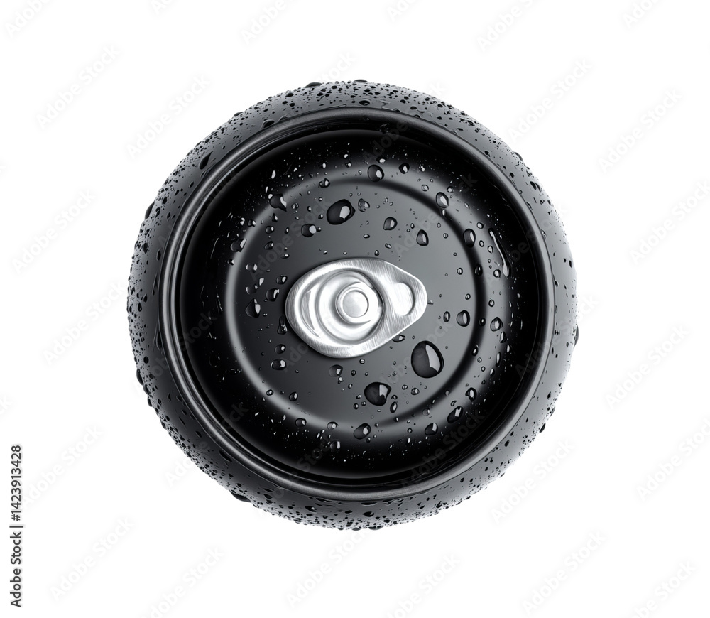 Obraz premium Close-up of the top view of a soft drink can with a black rubber knurled rim, isolated on Png Format and Transparent Background