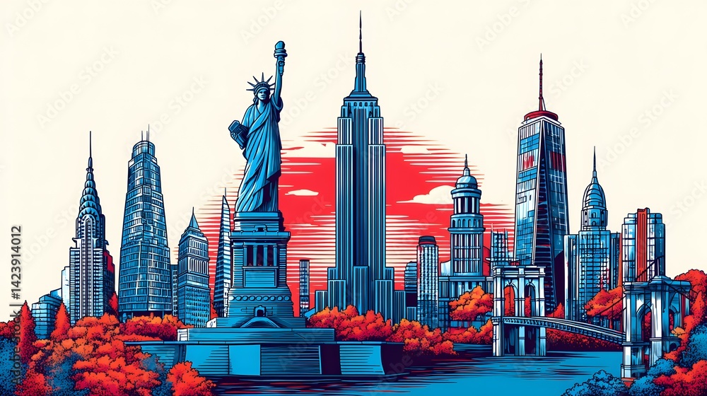 Fototapeta premium New York City skyline illustration featuring iconic landmarks.