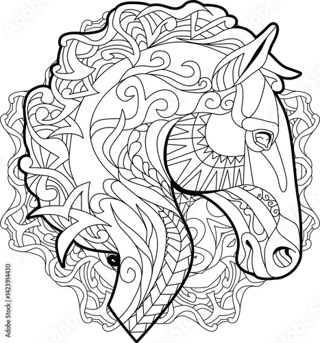 Zentangle horse head with mandala. Hand drawn decorative vector illustration for coloring.