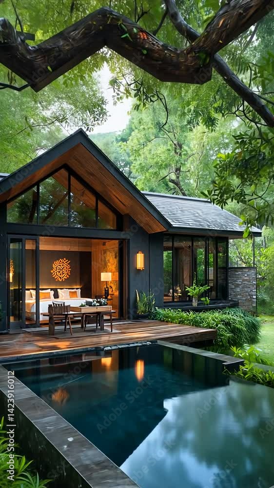 Secluded luxury cabin with pool, blending nature and modern design Secluded luxury cabin with pool, blending nature and modern design