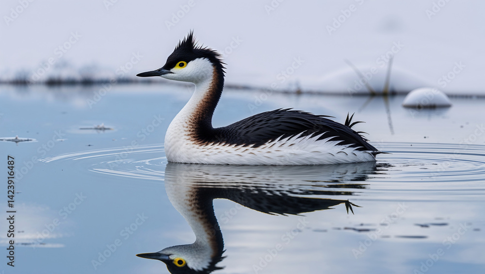 Fototapeta premium Elegant clarks grebe reflecting in calm water with wintery background