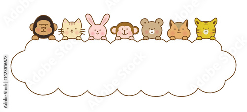 手書き風　顔を出すかわいい動物たちのもこもこフレーム
