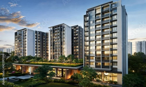Luxury Apartments at Dusk:  Modern Architectural Design, Evening Light, Residential Complex