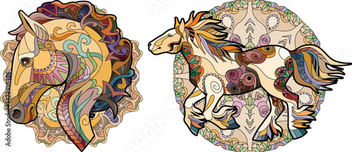 Zentangle horses on mandala. Hand drawn decorative vector illustration.
