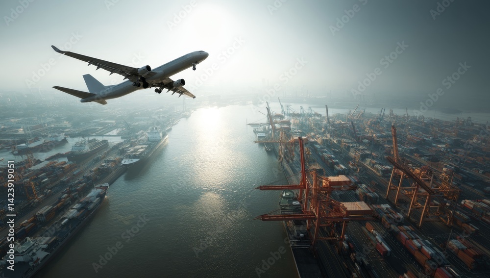 Airplane Soaring Above Busy Harbor: Global Trade and Transportation Network, Aerial View of Cargo Ships and Cranes Airplane Soaring Above Busy Harbor: Global Trade and Transportation Network, Aerial View of Cargo Ships and Cranes