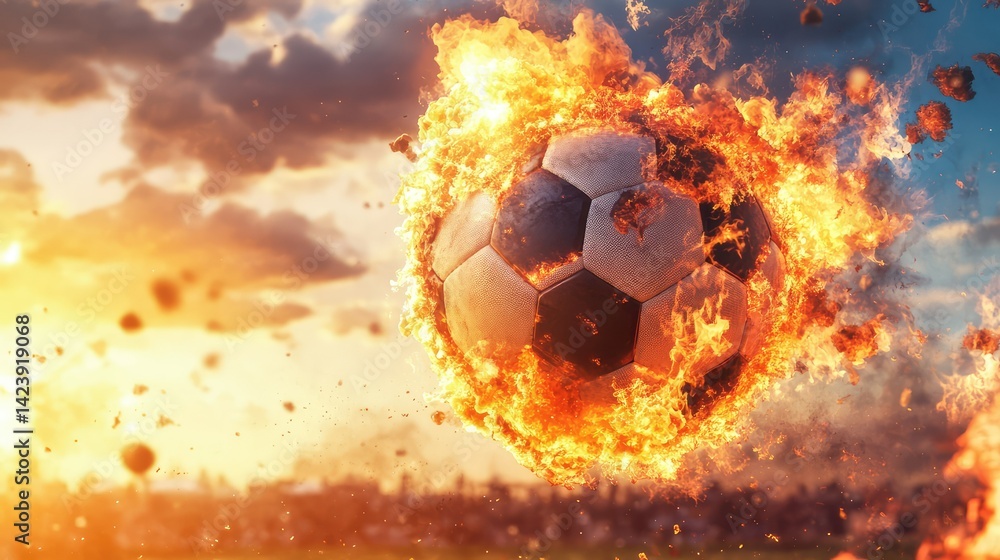 Fototapeta premium Dynamic football in flames, surrounded by heat waves and fire bursts, perfect for extreme action design