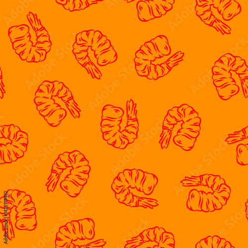 Fried Shrimp Seamless pattern Background. Seamless Tempura Shrimp Doodle Pattern background. Seafood Pattern Design. Crunchy Tempura Doodle Pattern.