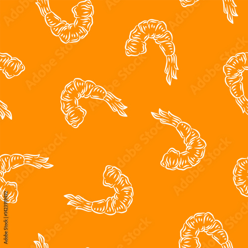 Fried Shrimp Seamless pattern Background. Seamless Tempura Shrimp Doodle Pattern background. Seafood Pattern Design. Crunchy Tempura Doodle Pattern.
