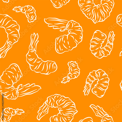 Fried Shrimp Seamless pattern Background. Seamless Tempura Shrimp Doodle Pattern background. Seafood Pattern Design. Crunchy Tempura Doodle Pattern.