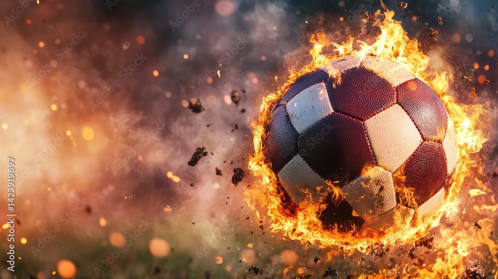 Fototapeta premium Intense burning football engulfed in flames, symbolizing competition and power in motion