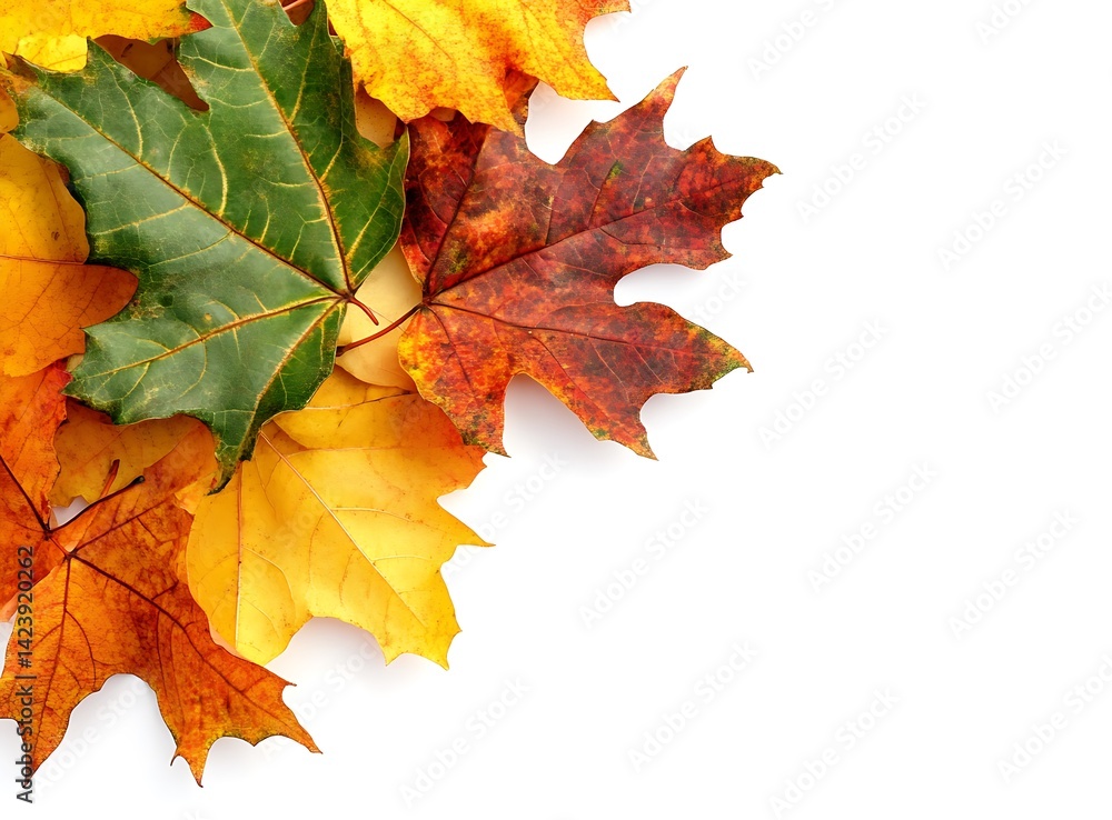 Fototapeta premium Autumn themed border made of colorful maple leaves, isolated on a white background