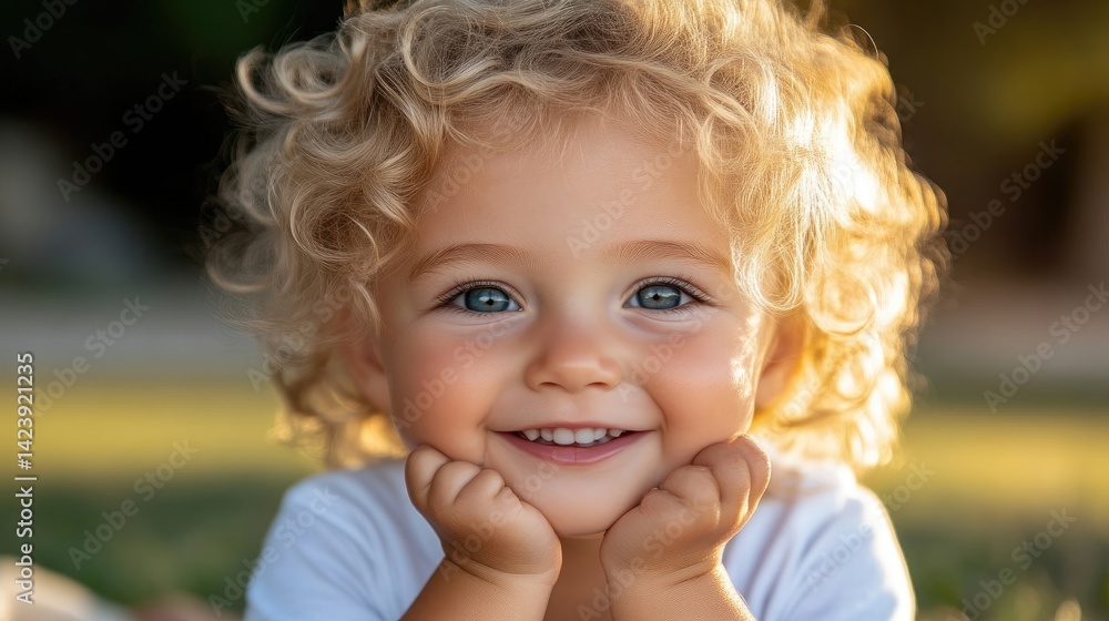 Close-up portrait of a smiling young child with blonde curly hair, resting their chin on their hands. Close-up portrait of a smiling young child with blonde curly hair, resting their chin on their hands.