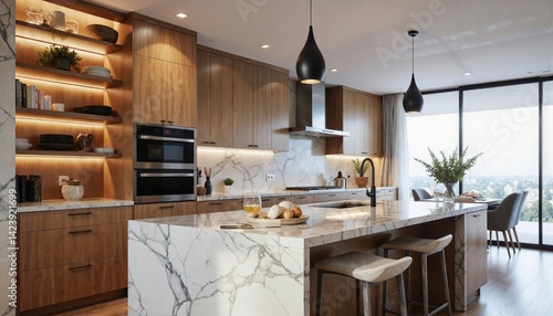 Modern kitchen with marble countertop and wooden cabinets