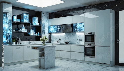 Modern kitchen with futuristic design and blue accents
