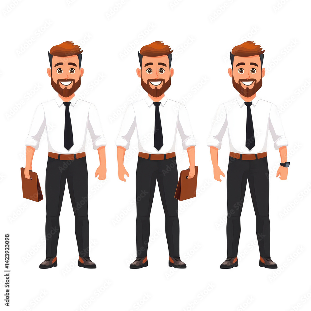 Three animated businessmen with beards and brown hair stand confidently, wearing white shirts, black ties, and dark pants, each holding briefcase Three animated businessmen with beards and brown hair stand confidently, wearing white shirts, black ties, and dark pants, each holding briefcase