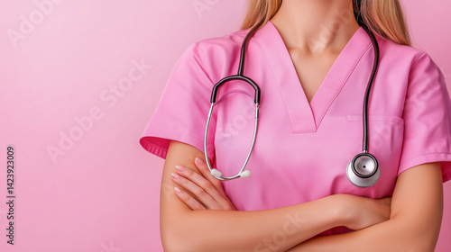 Female doctor with stethoscope on the pink background
