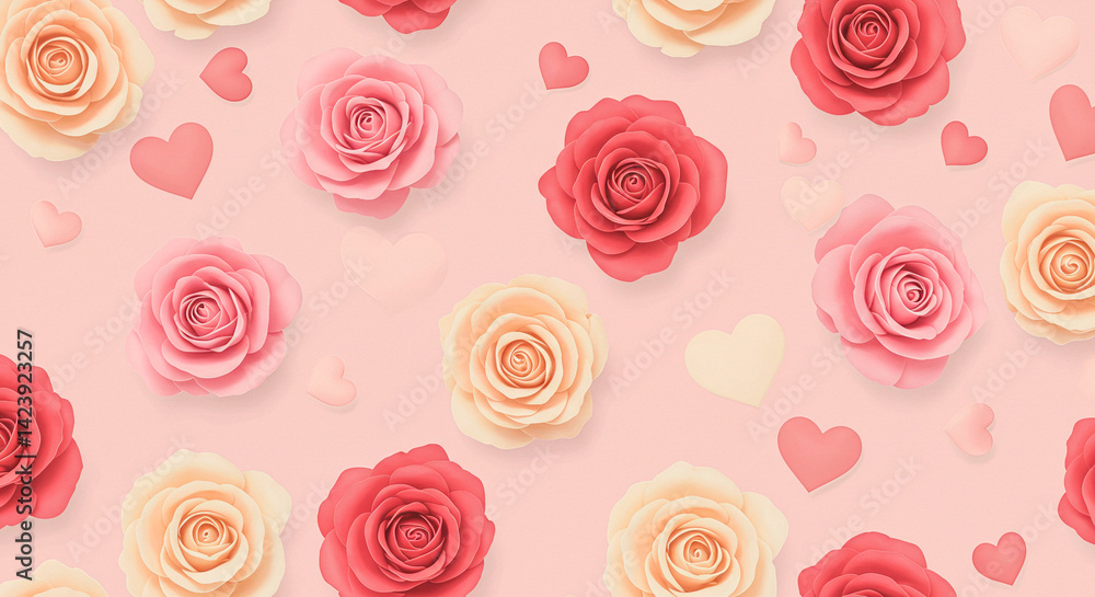 Floral pattern with peach, pink, and red roses intermixed with heart shapes on a pale pink background. Floral pattern with peach, pink, and red roses intermixed with heart shapes on a pale pink background.