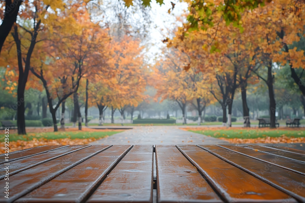 Beautiful autumn background with a blurred park and wooden table for product display in the foreground