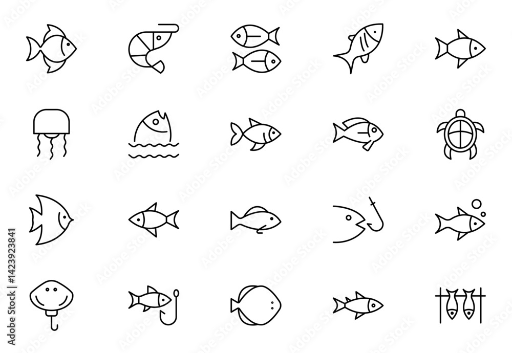 custom made wallpaper toronto digitalFish line icon set. Sea creatures line icon set. Maritime concept. Shell, turtle, fish, whale. Vector illustration