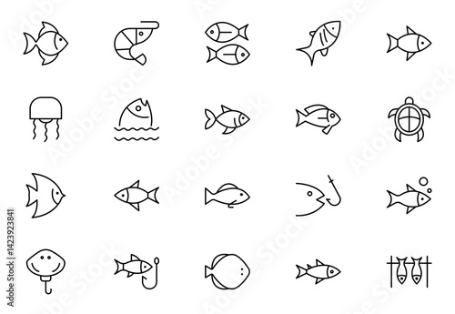 Wallpaper Mural Fish line icon set. Sea creatures line icon set. Maritime concept. Shell, turtle, fish, whale. Vector illustration Torontodigital.ca