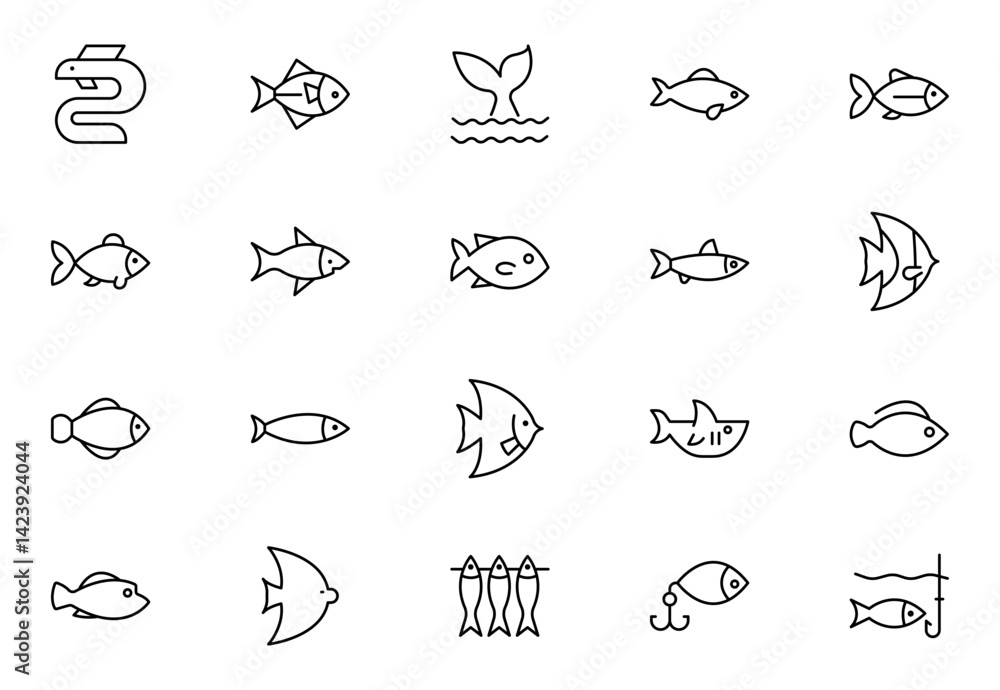 Obraz premium Fish line icon set. Sea creatures line icon set. Maritime concept. Shell, turtle, fish, whale. Vector illustration