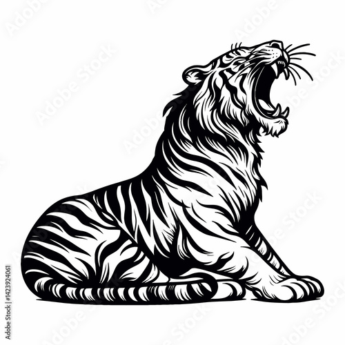 Wallpaper Mural Roaring Tiger Illustration in Striking Black and White for Graphic Design Projects. Torontodigital.ca