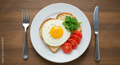Healthy breakfast toast with egg, herbs, and tomatoes on a white plate in natural light.
