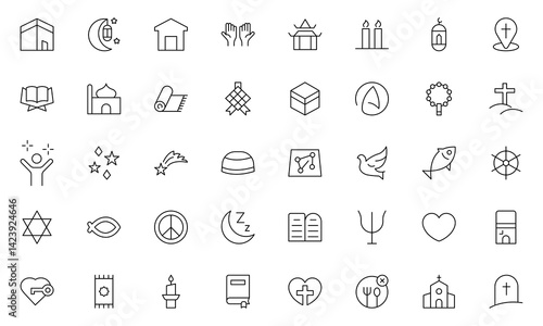 Religious line Icon Set. A meaningful collection of icons representing various faiths and beliefs, perfect for enhancing educational