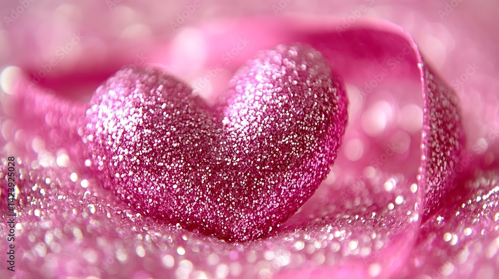 Fototapeta premium A sparkly pink heart rests gently on a satin ribbon