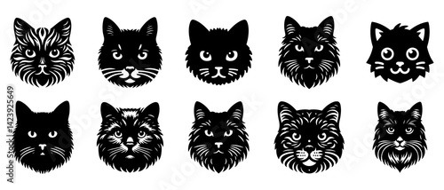 Cat Face Kitty Graphic Silhouette Black Filled - Vector Illustration Design Elements.