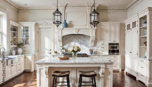 Elegant Transitional Kitchen with Hanging Lanterns in Bright Airy Tones Representing Luxury and Warmth