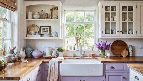 Charming Lavender Farmhouse Kitchen in Purple and Wood for Cozy Country Living