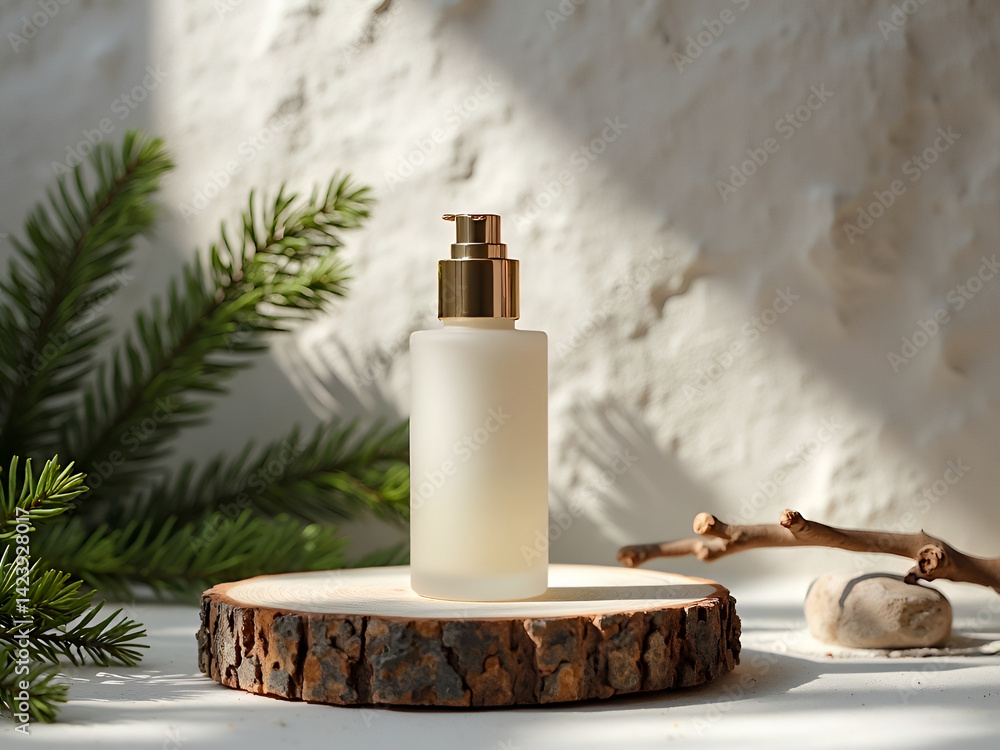 Minimalist presentation of a natural skincare bottle with botanical elements Minimalist presentation of a natural skincare bottle with botanical elements