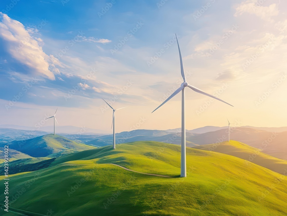 Fototapeta premium Wind Turbines Gracefully Spinning on Lush Green Hill Under Clear Blue Sky Creating a Sustainable Energy Landscape in a Serene Natural Environment