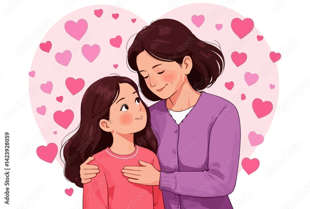 A heartwarming illustration of a mother and daughter, depicted in a tender moment. A heartwarming illustration of a mother and daughter, depicted in a tender moment.