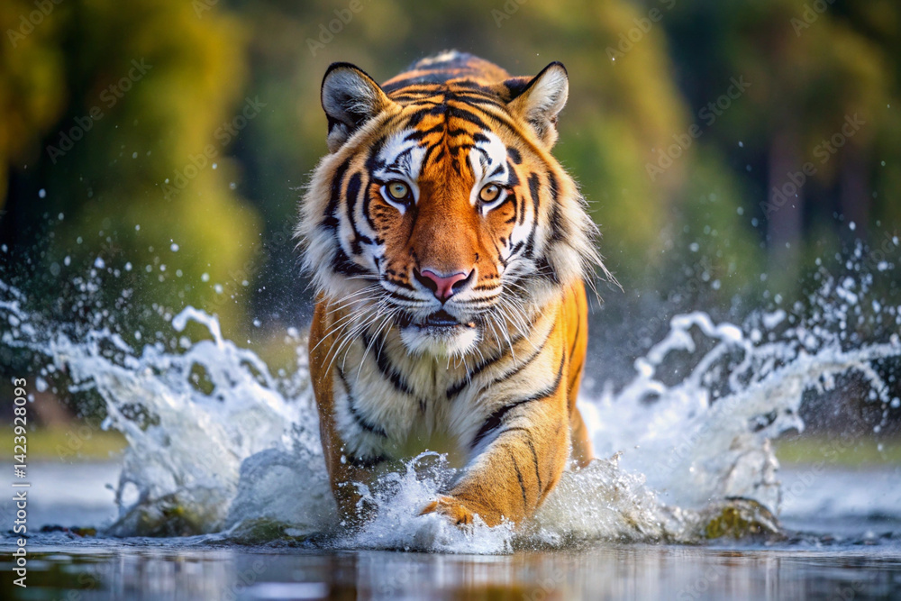 Obraz premium Majestic Siberian tiger charging through water in dense taiga forest, dynamic 3D illustration of apex predator in action, generative AI