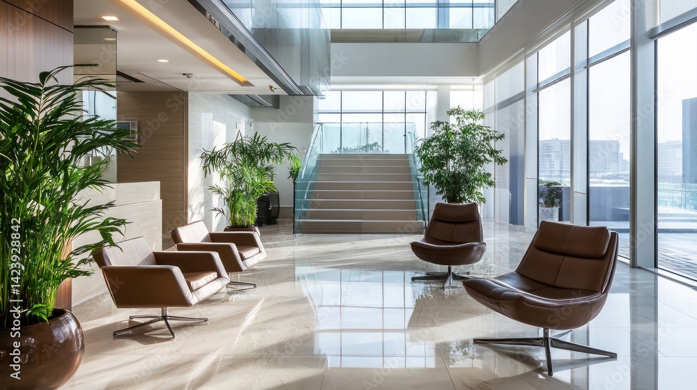 Modern Office Lobby with Luxurious Seating and Natural Light Modern Office Lobby with Luxurious Seating and Natural Light