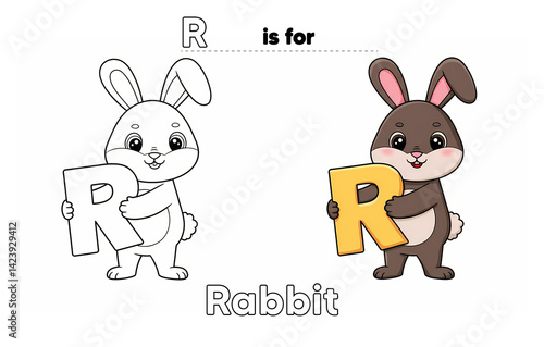 Coloring page of Rabbit with Alphabet | Animal coloring book. Baby Shower Coloring Book