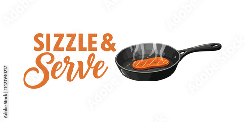 Sizzle and serve cooking illustration with food in pan for restaurant menu use