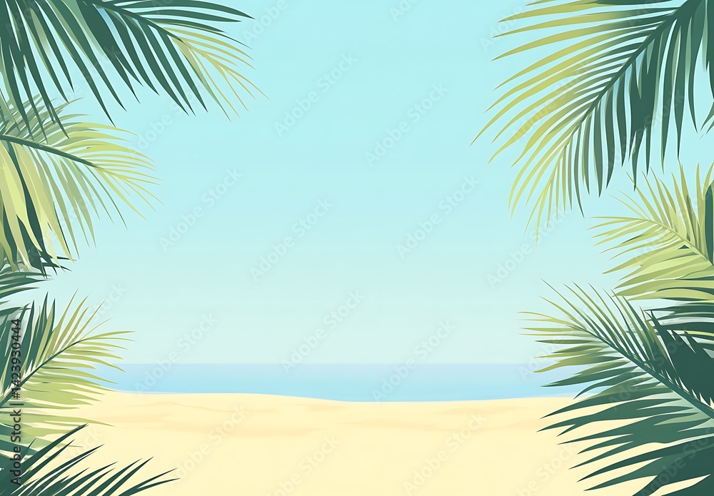 Minimalist beach background with palm leaves Minimalist beach background with palm leaves