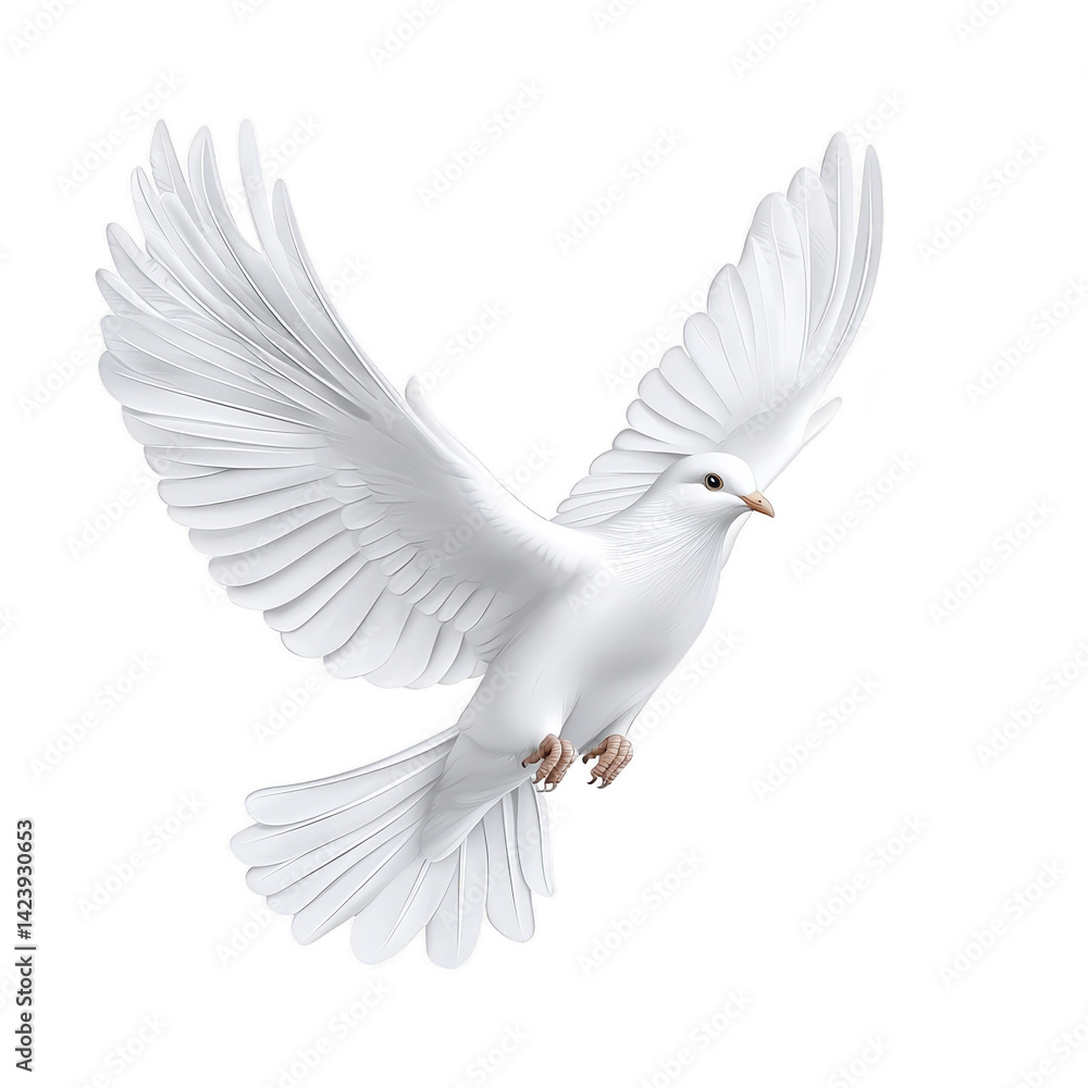 Obraz premium white dove gracefully soars with outstretched wings, symbolizing peace and freedom. bird elegant form and serene expression convey sense of tranquility and hope