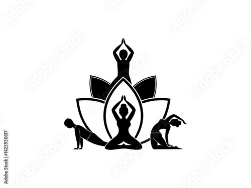 Silhouette design of people practicing yoga and meditation. Yoga Poses Silhouettes for Health and Wellness, black silhouette figures performing different yoga poses, conveying a sense of health, flexi