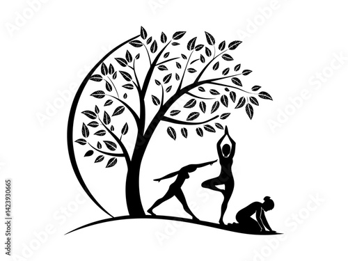 Yoga poses under a lush tree, promoting wellness and mindfulness. A serene, black and white graphic design showcasing three people in various yoga poses against a backdrop of a crescent moon and stars