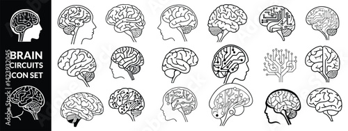 brain circuits icon set, illustration of brains in vector, black and white shapes of brain in vector ,Brain circuits