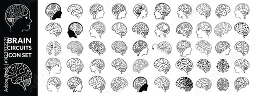 brain circuits icon set, illustration of brains in vector, black and white shapes of brain in vector ,Brain circuits