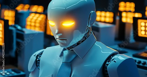 Wallpaper Mural Futuristic robot in a tech-filled workspace, glowing Torontodigital.ca